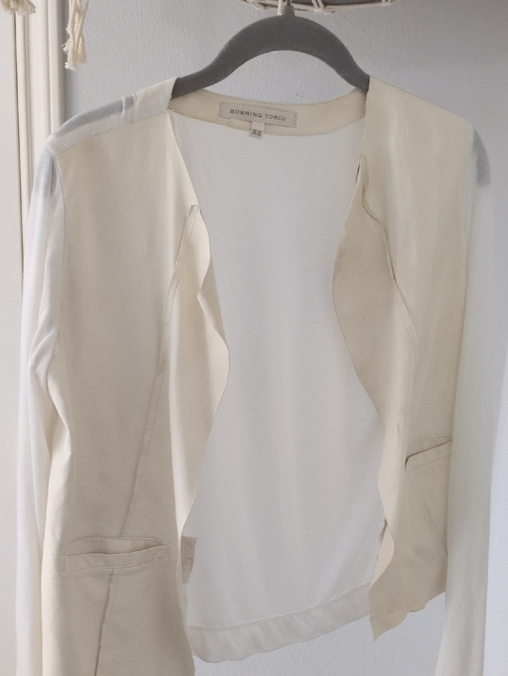 Burning Torch Leather Cream Open-Front Draped Blazer